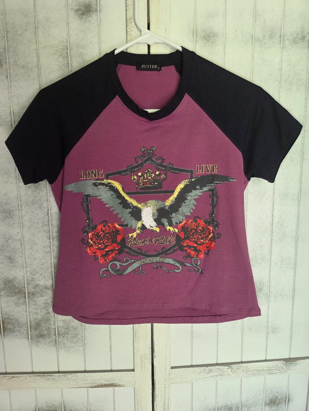 Zutter Short Sleeve Graphic  Baby Tee - Plum & Black Long Live Rock & Roll